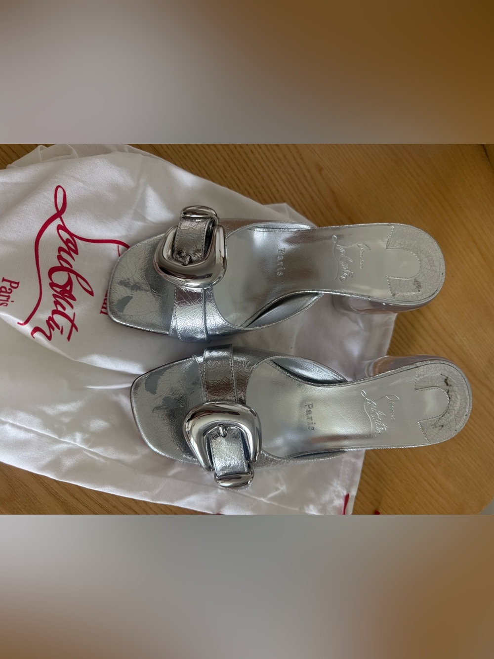 Christian Louboutin Metallic Silver Buckle Slide Mules